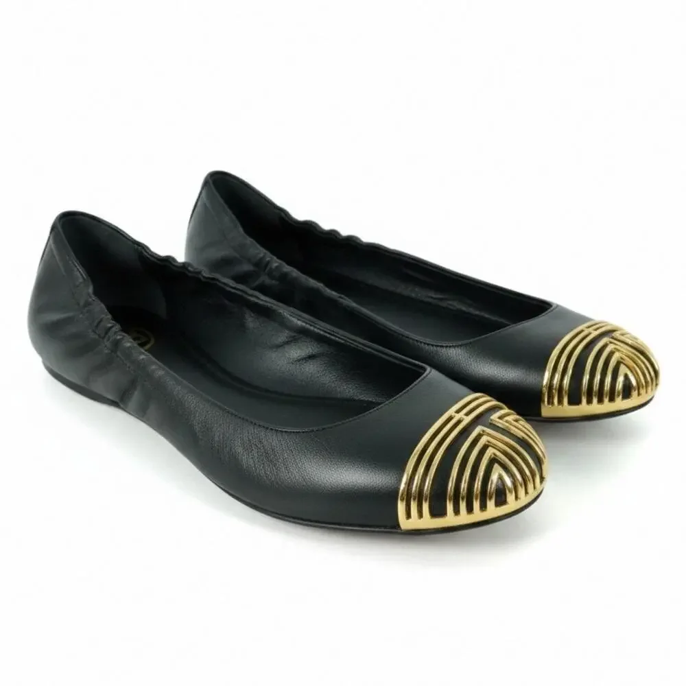 Tory Burch Charlee Black Leather Gold Toe Ballet Flat Shoes Size 7.5 Slip On